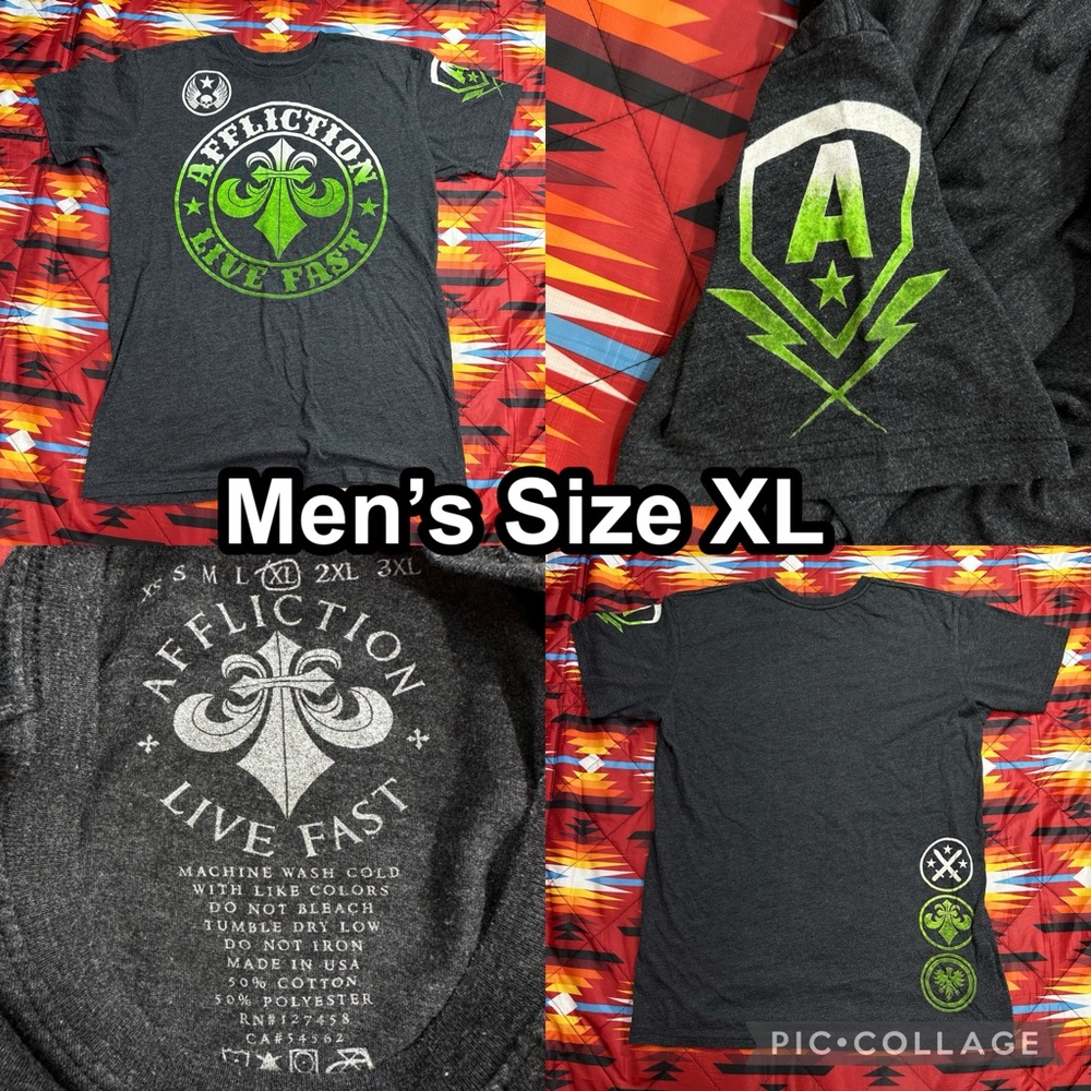 Vintage Y2K Affliction Velvet Graphic Green Grey T- Shirt Mens Size XL Live Fast